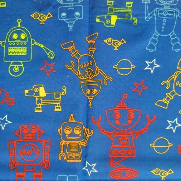 Cotton Fabric Blue Robots Stars Space Rockets Retro Print 18" x 44" Sewing Craft - Picture 1 of 8